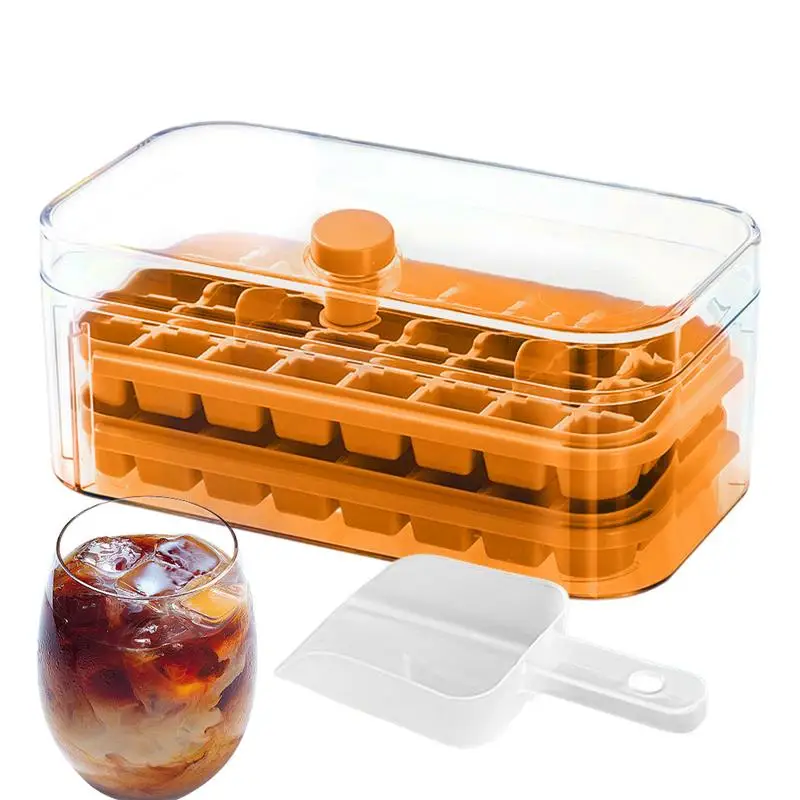 

Ice Cube Tray with Lid and Bin Coffee Ice Cube Tray 2 Layers Press Ice Cube Tray with Scoop Ice Container 64 Cavities Ice Maker