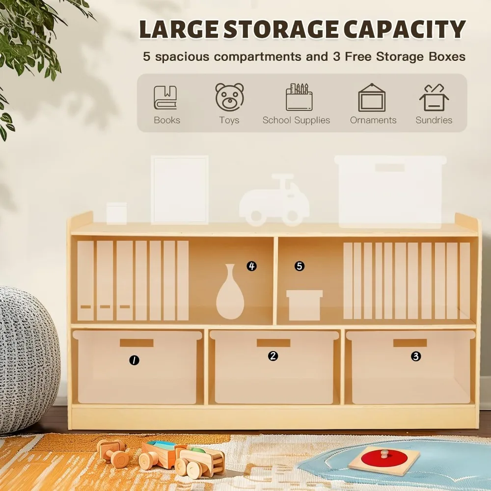 Shelf with Storage Boxes, Wooden Toy Storage Organizer for Books Toys, 2 Shelf Bookcase, 5-Section Storage Cabinet 5