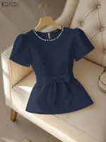 Office Women Blouse ZANZEA Summer Elegant Puff Sleeve Slim Fit Tops Tunic Stylish OL Work Shirt Fashion Lace -Up Holiday Blusas - Image 3