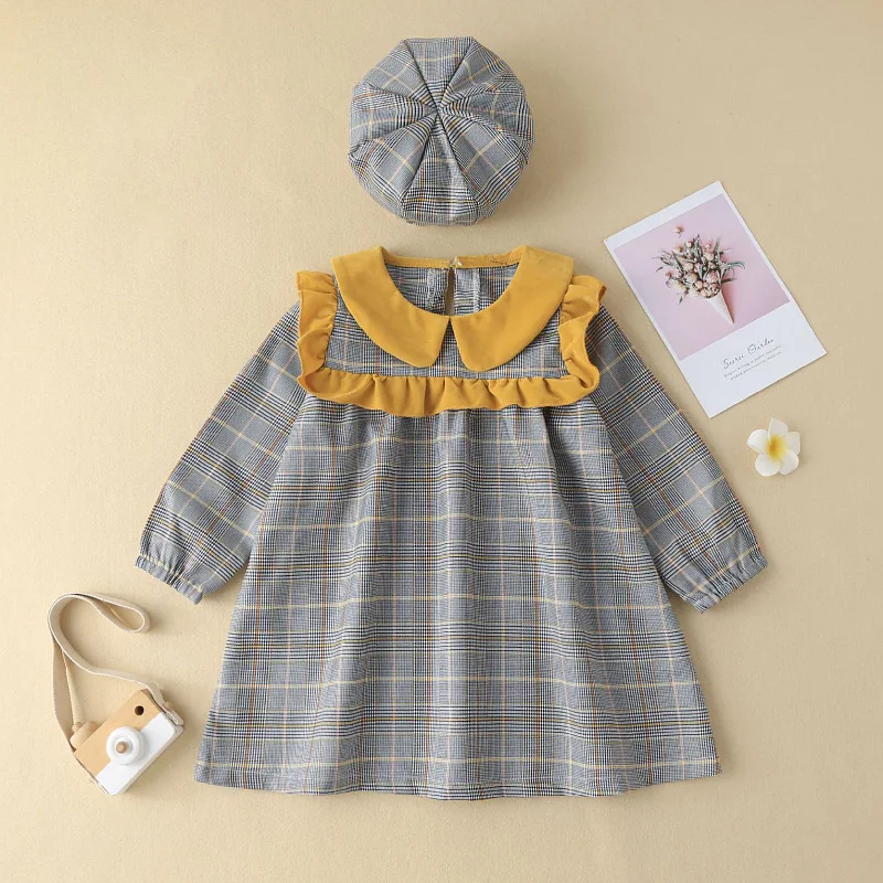 

Baby Girl Cotton Dress Gray Christmas Winter Spring New Plaid Long Sleeve Ruched Dress Princess Dress Vestidos with Hat 1-7Years