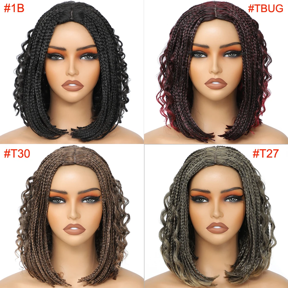 Ombre 1B 27 Burgundy 30# Boho Box Braids Crochet Hair Wigs peruque naturel femme Short Box Braided Wig with Curly Hair for Girls