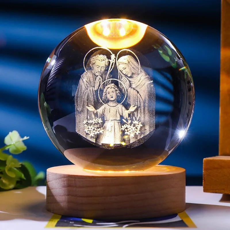Unique Jesus 3D Crystal Ball Night Light with Wooden LED Base, Creative 3D Carved Crystal Ball Wholesale Craft Gift, Perfect for 4