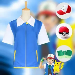 Anime Pokemon Blue Jacket Men Cosplay Costume Boys  Ash Ketchum For Halloween Party Trainer Gloves And Cap Set Christmas Gift