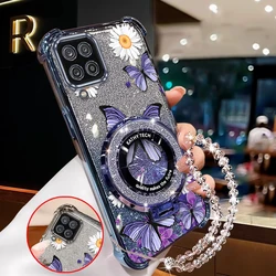 Flower Butterfly Plating Bracelet Holder Phone Case Cover - Galaxy F12 (Blue)