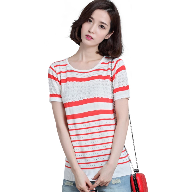 

Women's Striped O-Neck Pullover, Female Silk Sweater, Autumn, Spring, Hedging Silk, Hollow Out, Lady, Summer, Hot Sale