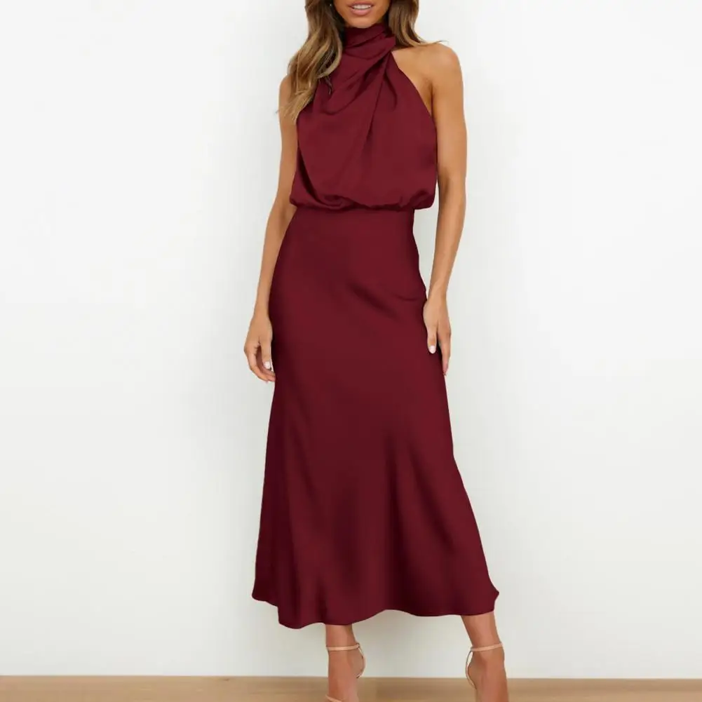 

Elegant Women Dress Elegant Halter Neck Satin Midi Dress Off Shoulder Waist-hugging Flattering Silhouette for Women's Party