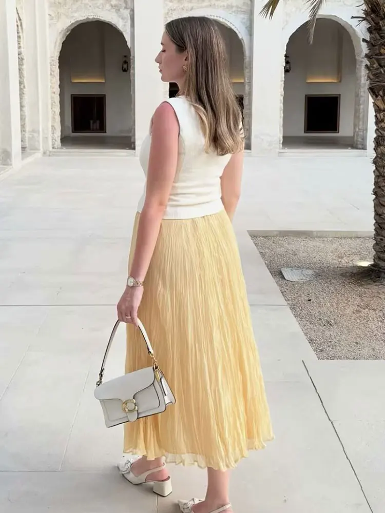 HH Women Fashion Solid Pleated Midi Skirt High Waist Loose Casual Elastic Waist Skirts Summer Female Chic Yellow Tulle Skirt