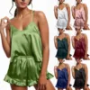 2 Piece Pajamas Set For Women Sexy Silk Satin Ruffled Nightwear Sleeveless Camisole And Shorts Sets Sleepwear Pijama Mujer 1