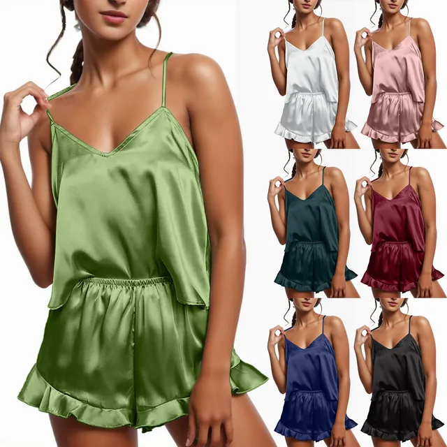 2 Piece Pajamas Set For Women Sexy Silk Satin Ruffled Nightwear Sleeveless Camisole And Shorts Sets Sleepwear Pijama Mujer 1