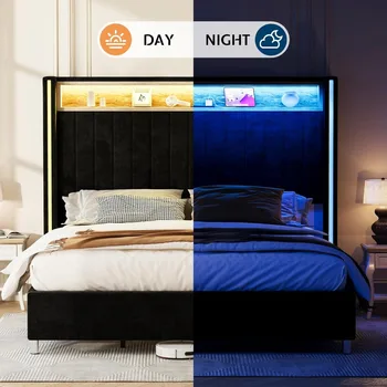 Jocisland King Size Bed Frame with LED Lights and Charging Station, Velvet Upholstered Platform Bed with 53 6