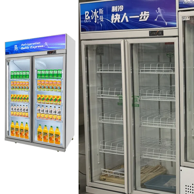 Commercial Supermarket Fruit Dink Display Fridge Two Glass Door Vertical Freezer Bar And Canteen Glass Door Display Cooler