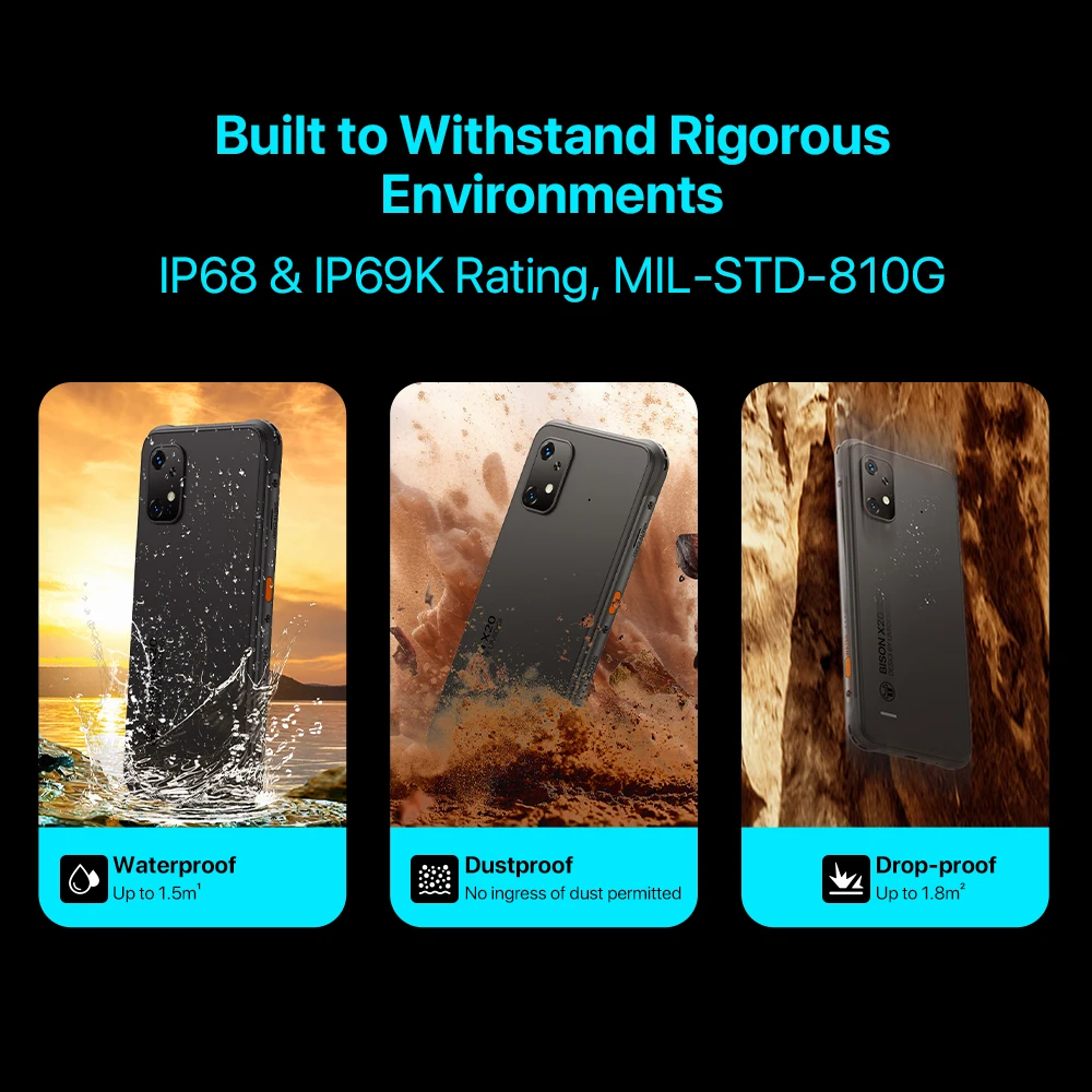 UMIDIGI BISON X20 Rugged smartphone IP68 &IP69K MTK Helio P60 Octa-Core 6+6GB 128GB 6.53" HD Android 13 20MP 6000mAh Battery NFC 6