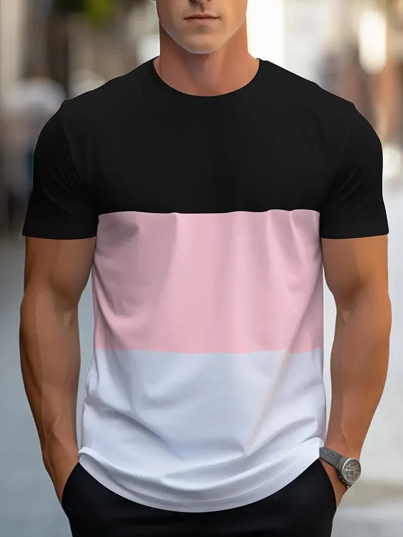 Summer Fashion Tri-color Geometric Pattern 3D Printed Embroidery Men's T-shirt Quick-Dry