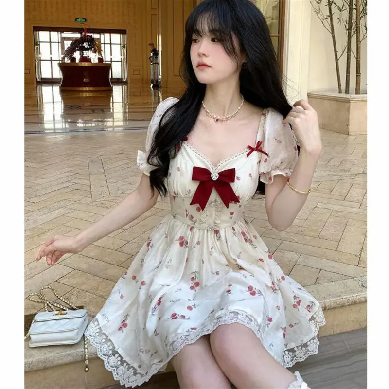 

Модное французское милое платье в стиле прерии, модное мини-платье с цветочным принтом и бантом, облегающее короткое платье трапециевидной формы с квадратным вырезом