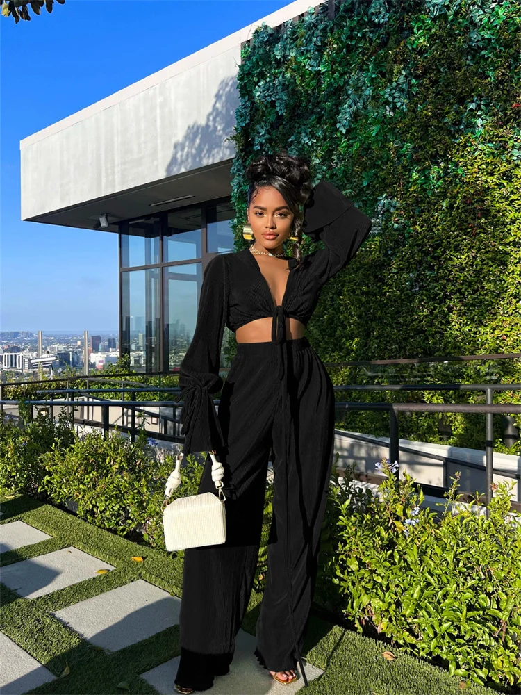 Wmstar Two Piece Set Women's Clothing Pants Sets Solid Ribbing Crop Top Wide Leg Pants Matching Summer Wholesale Dropshipping