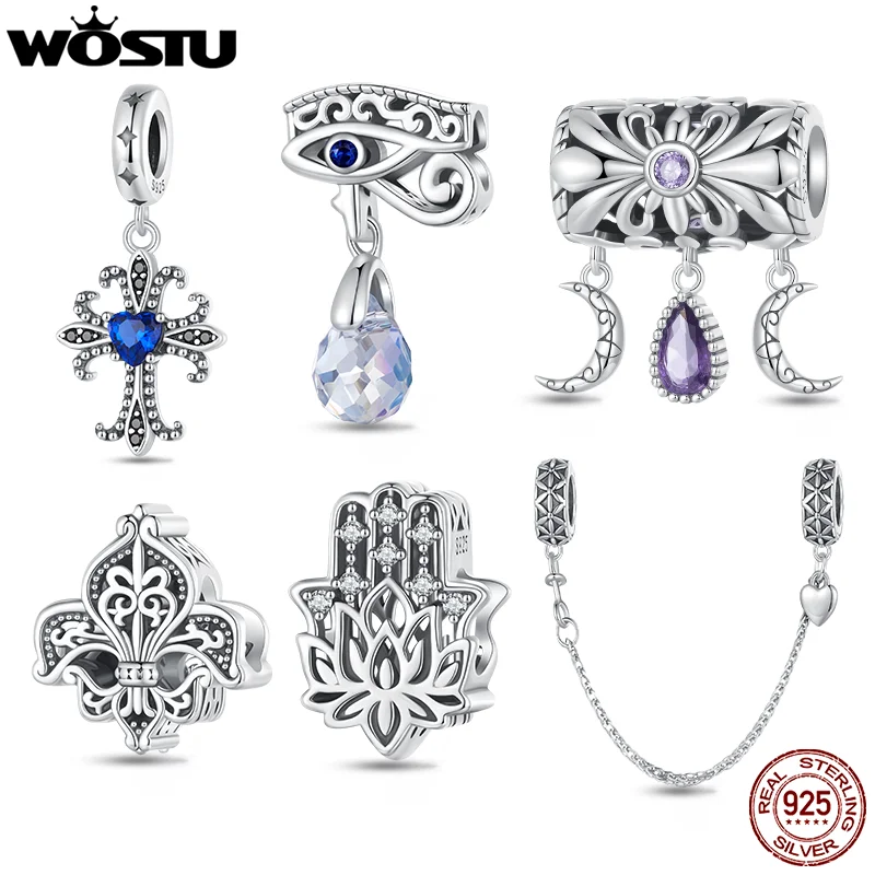 Wostu 925 Sterling Silver Vintage Lucky Hand Of Fatima Charms Blue Cz Cross Pendnat Evil Eye Bead Fit Braccialetto Fai Da Te Collana Regalo