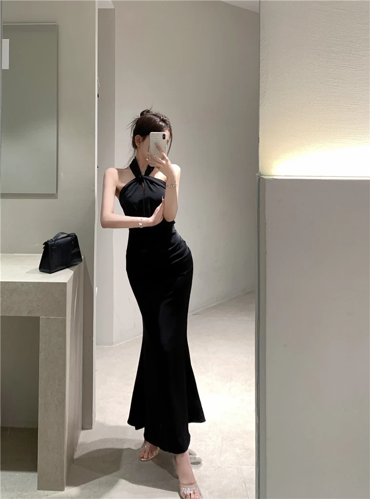 Sexy Bodycon Satin Evening Party Dress Sleeveless Halter Slim Mermaid Summer New Midi Dresses for Women Prom Vestidos Mujer