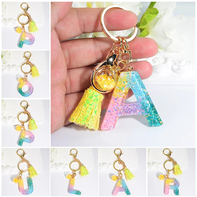 Multicolor Gradient Filling 26 Letter Resin Keychain With Yellow Ball And  Tassel For Women Initial KeyRing