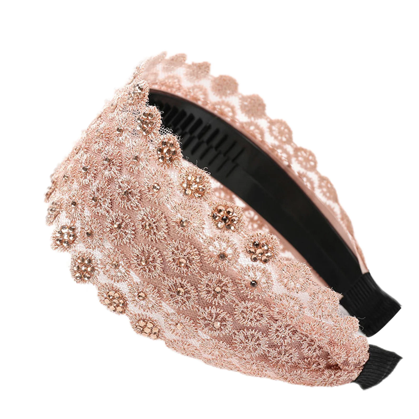 

Эластичная широкая блестящая кружевная обруч для волос с вышивкой и нескользящими зубцами, украшение для праздничного костюма