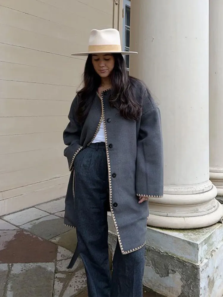 

Long Sleeved Loose Fashion Women's Overcoat Casual O-neck Solid Single Breasted Lace Up Long Coat 2023 Autumn/Winter Street Wear