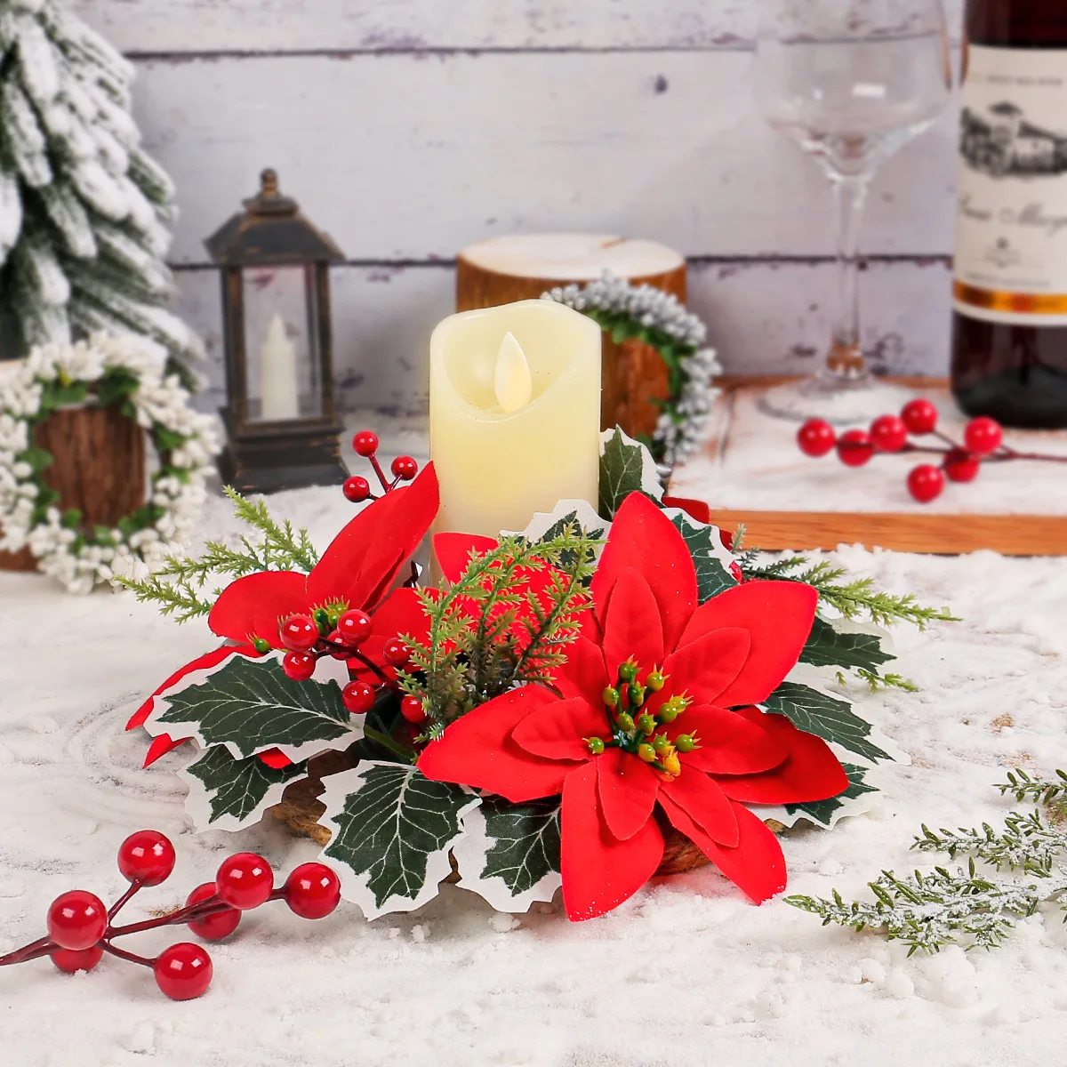 Christmas Candlestick Wreath Artificial Red Gold Poinsettia Flowers Garland Candle Ring Christmas Party Table Decor Navidad Noel