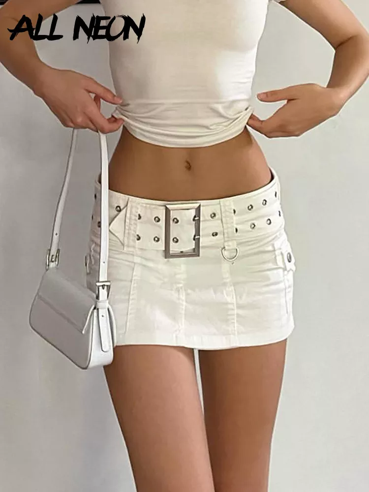ALLNeon Y2K Aesthetics Basic Belted Low Waist Micro Skirts 2000s Fashion Sexy Pockets White Denim Skirt Cute Bottoms Clubwear 1