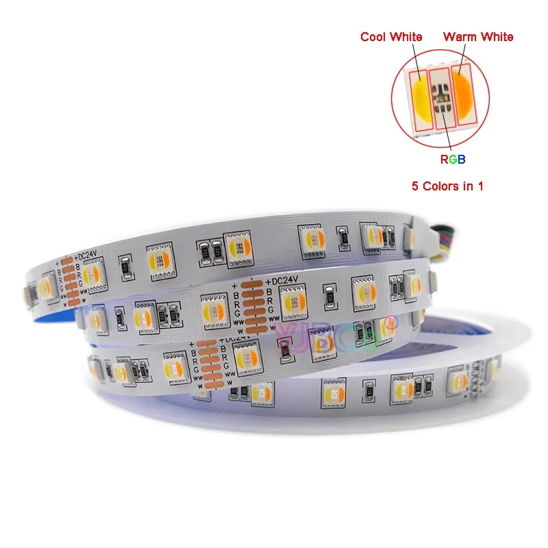 

12V DC 24V 5m RGB+CCT 5 color in 1 LED Strip SMD 5050 60LEDs/m 96LEDs/m RGB+CW/WW RGBWC CCT light tape Ribbon Normal brightness