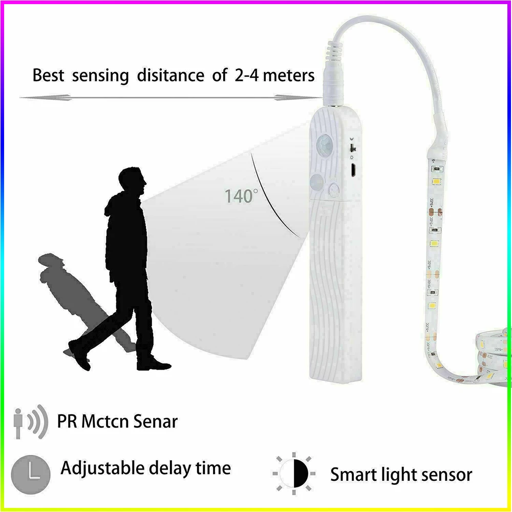 Tira de luces LED con Sensor de movimiento PIR, cinta luminosa Flexible con  batería USB de 5V, 60LEDs/m, 2835, para decoración de escaleras y armarios  de cocina