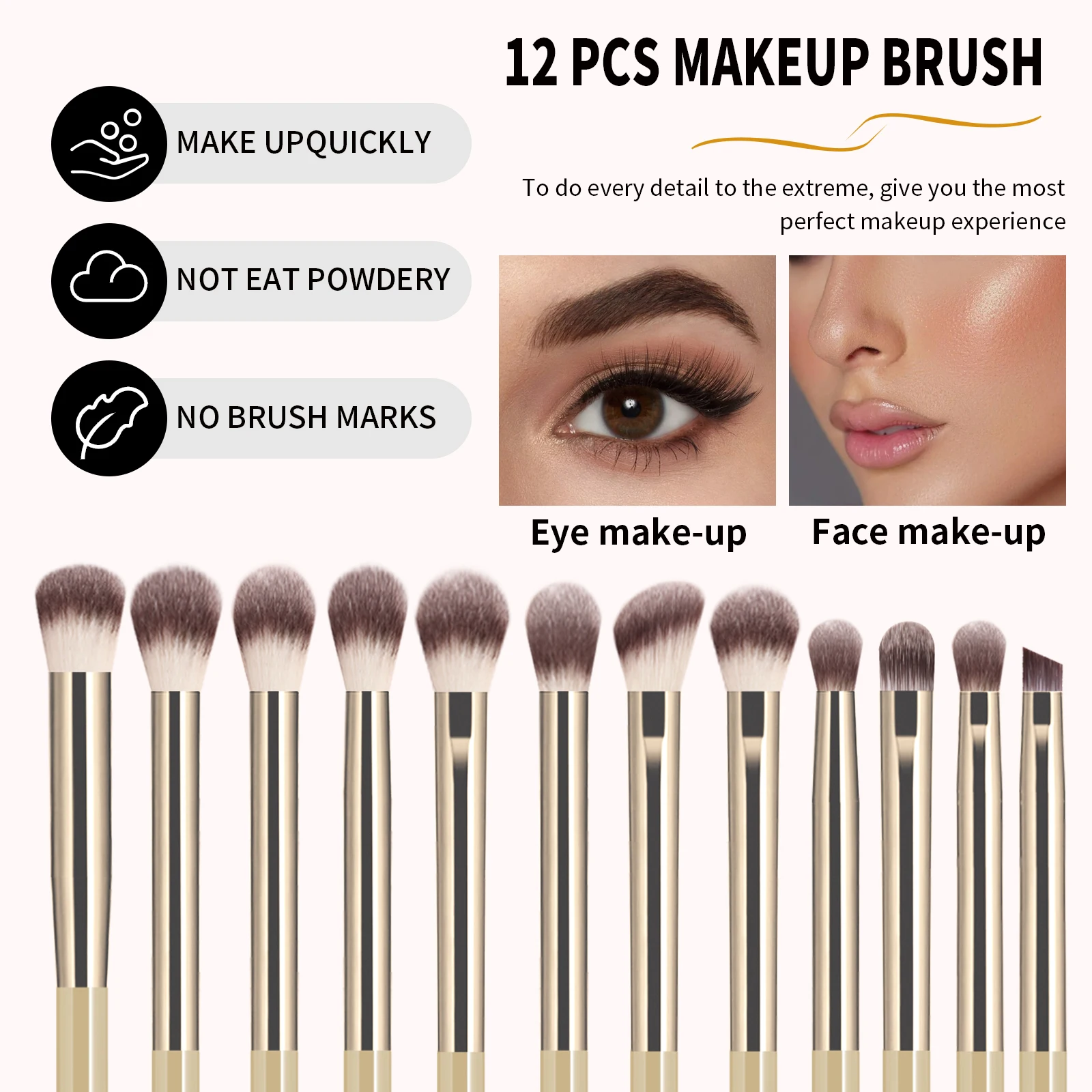 12개 아이섀도우 메이크업 브러쉬 세트, 부드러운 합성모 블렌딩 쉐이더 각진 라이너 브러쉬 (아이 메이크업용)