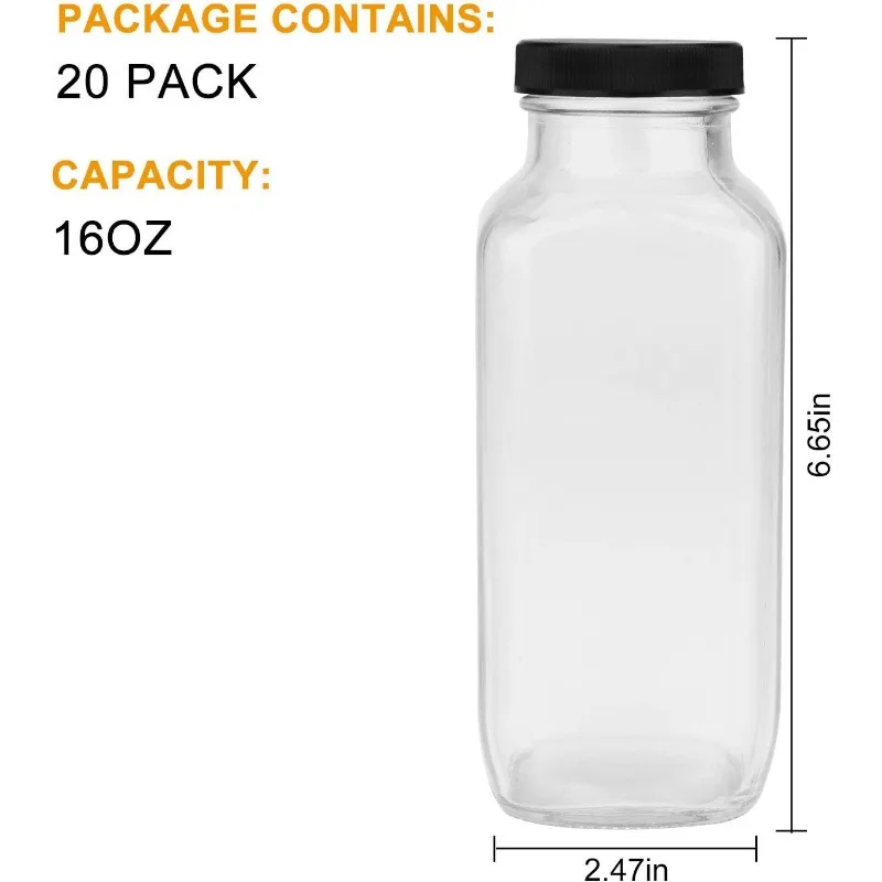 Vintage Water,Glass Drinking Bottles 16oz,Square Beverage 500ml With Lids For Kombucha,Tea,Glass Homemade Drinks, 20Pack 2