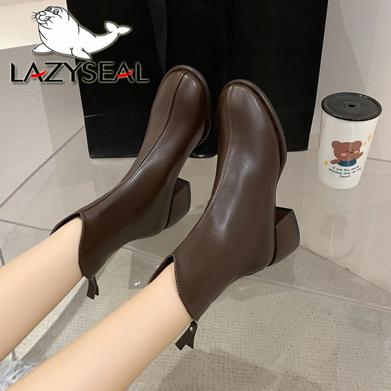 LazySeal Concise Stretch Boots Zipper Square Heel Ankle Boots For Women Ladies Shoes Plus Size 43 Elastic Leather Modern Boot