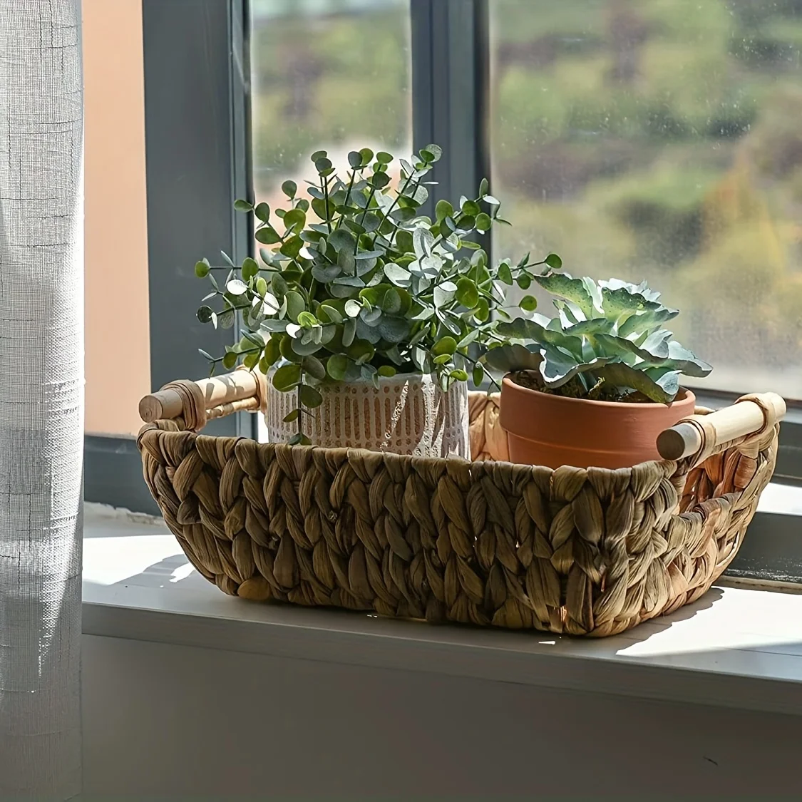 Enchanting hand woven wicker basket with wooden handle - water hyacinth for bathroom storage, home organization and decoration 2