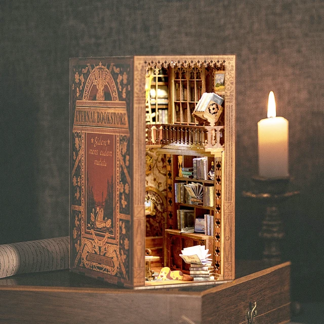 CUTEBEE DIY Book Nook Kit Miniature Dollhouse Eternal Bookstore Bookend Wooden Book Shelf Insert Lighting Model Toy For Kid Gift 4