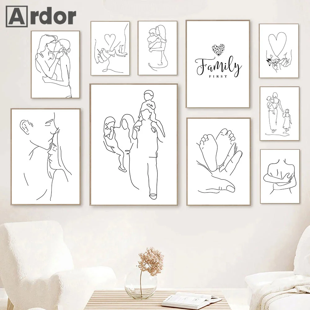 Family Quotes Prints Mom Dad Abstract Line Drawing Canvas Painting Son Daughter Wall Art Poster Pictures Living Room Home Decor