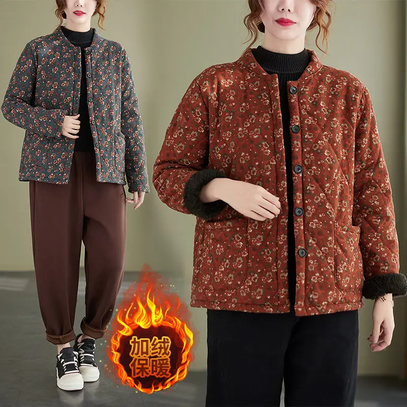 

Large Size Loose Long Sleeve Fleece Jacket Women Autumn Winter 2022 Retro Ethnic Cotton And Linen Floral Casual Padded Coat h224