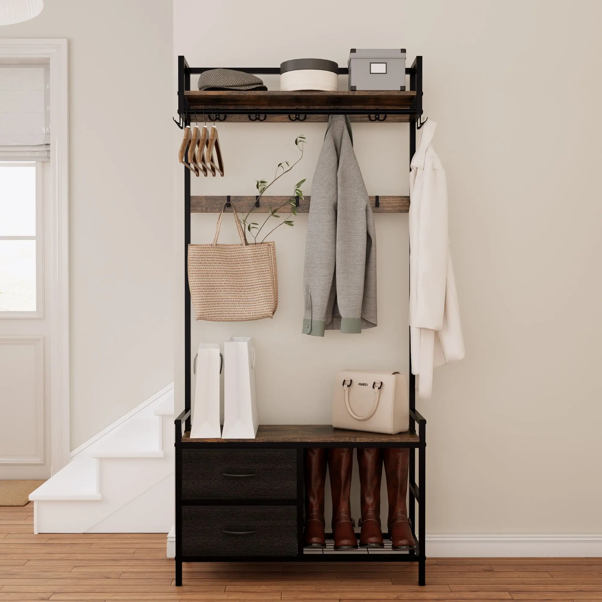 33.1" Wide Hall Tree with 2 Movable Drawers, Shoe Storage, Shelves and Garment Racks, 5-in-1 Entryway Bench with 23 Hooks