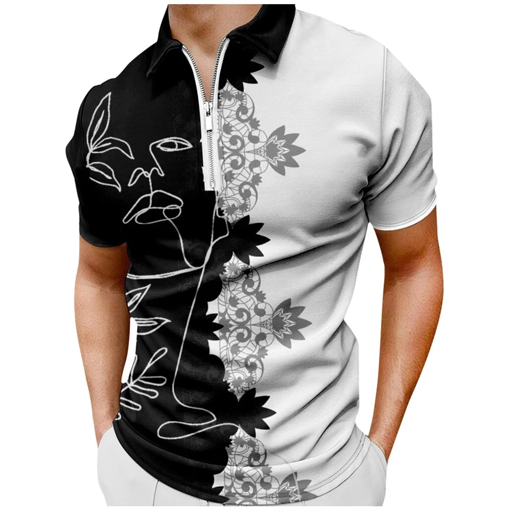 

Fashion Men'S Zipper Polo Shirt 3d Black&White Printed Street Designer Short Sleeved Oversized Shirts Daily Casual Men Clothing