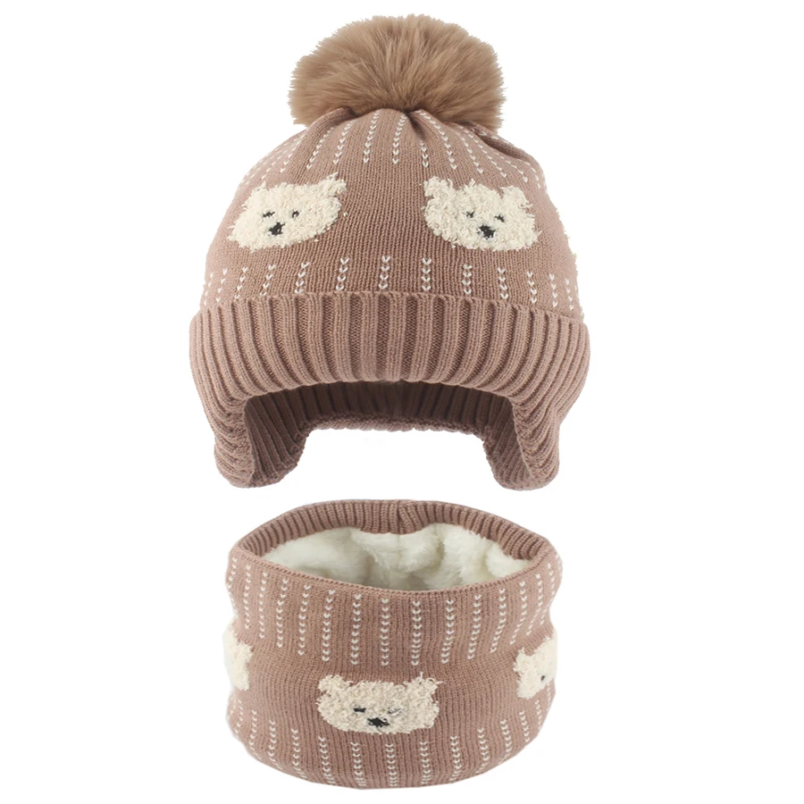 Baby Hat Scraf Set Cartoon Cute Bear Pompom Winter Softt Fleece lining Earflap Cap Children Outdoor Warm Knitted Beanies Kids