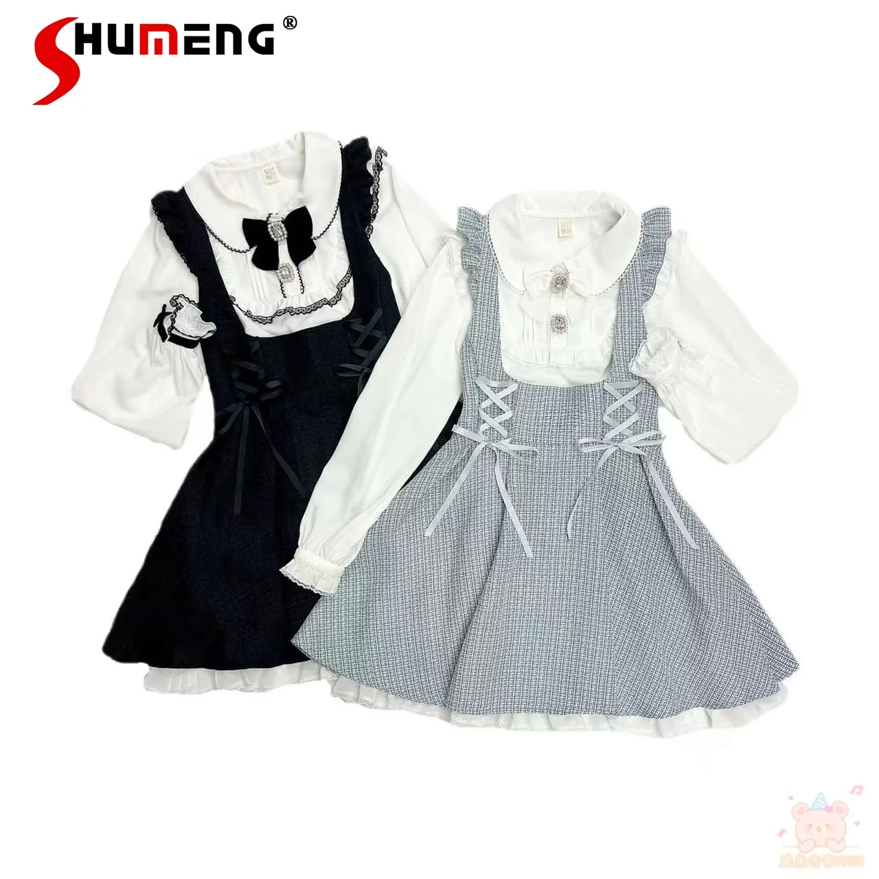 

Japanese Style Lolita Cute Bow Sling Dress 2023 Fall New Sweet Mine Mass-Produced Hair Ball Tail Plaid Sleeveless Strap Dresses