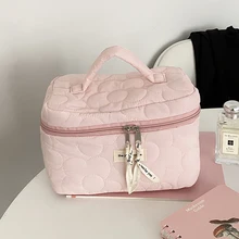  Flower Quilting Cloth Makeup Bag Women Cosmetic Organizer Female Small Storage Handbag Box Shape Portable Toiletry Case For Girl 