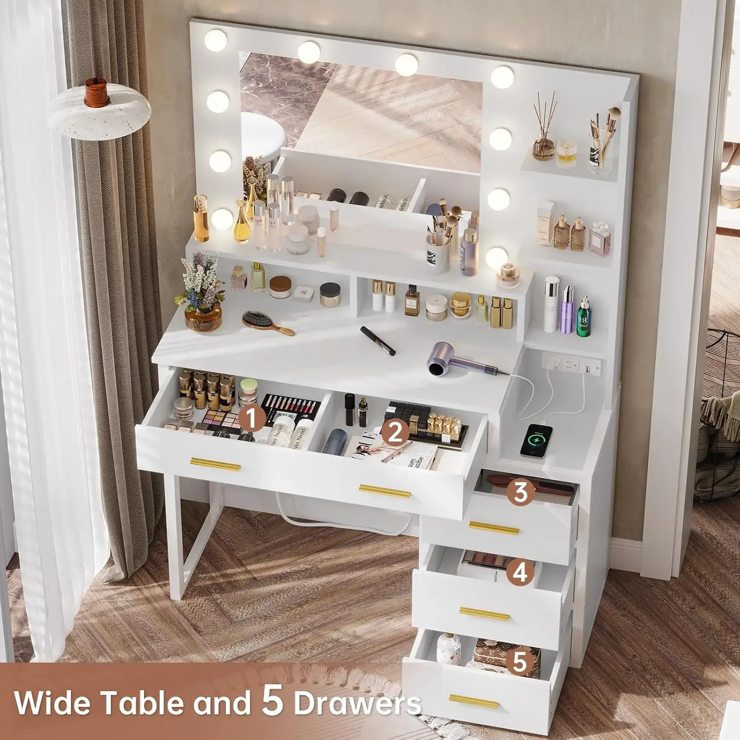 Makeup Vanity with Lights, Vanity Desk with Charging Station, White Vanity Table with 10 Light Bulbs Mirror & 3 Lighting Modes 5