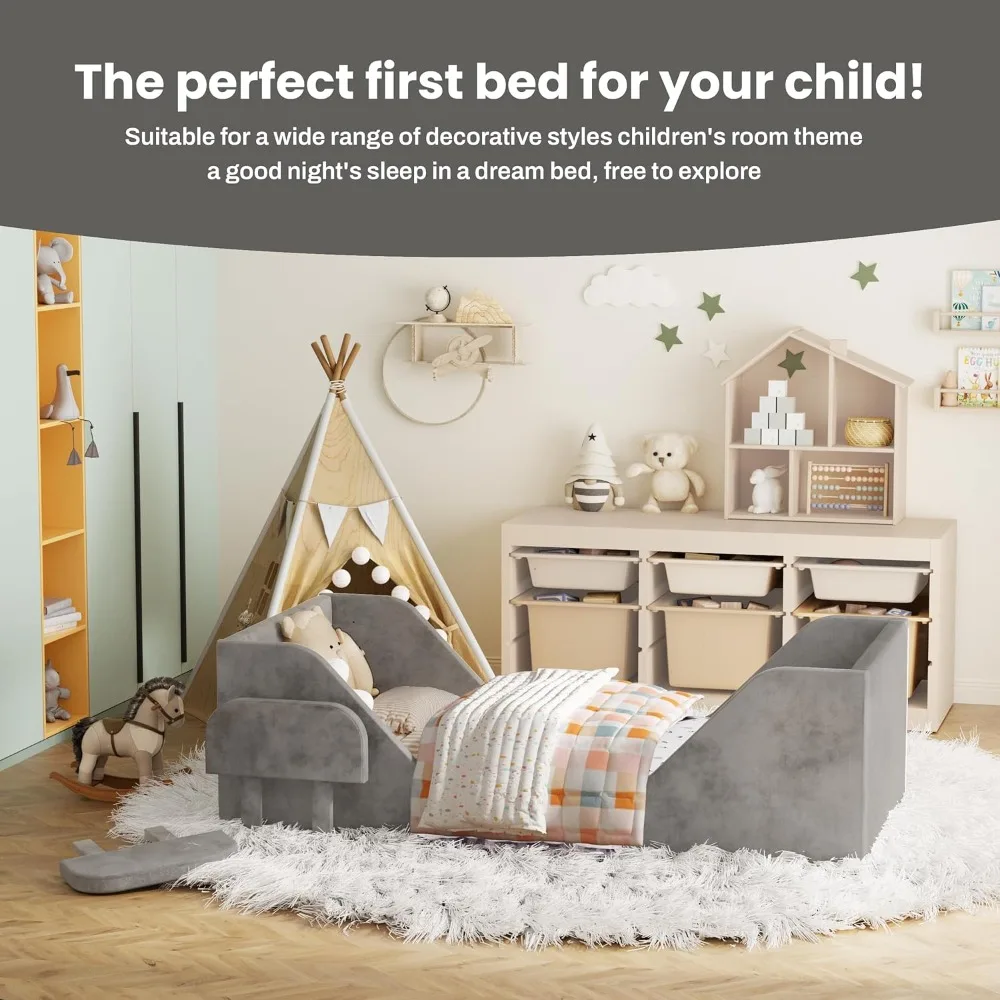 Toddler Bed, Toddler Floor Bed Frame with Guard Rails, Small Bed for Kids Boys and Girls, Standard Crib Mattress Toddler Beds 2