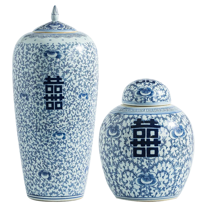New Chinese Classical Blue And White Pottery Double Happiness Ceramic Storage Jar Home TV Cabinet Wine Cabinet Decoration 5