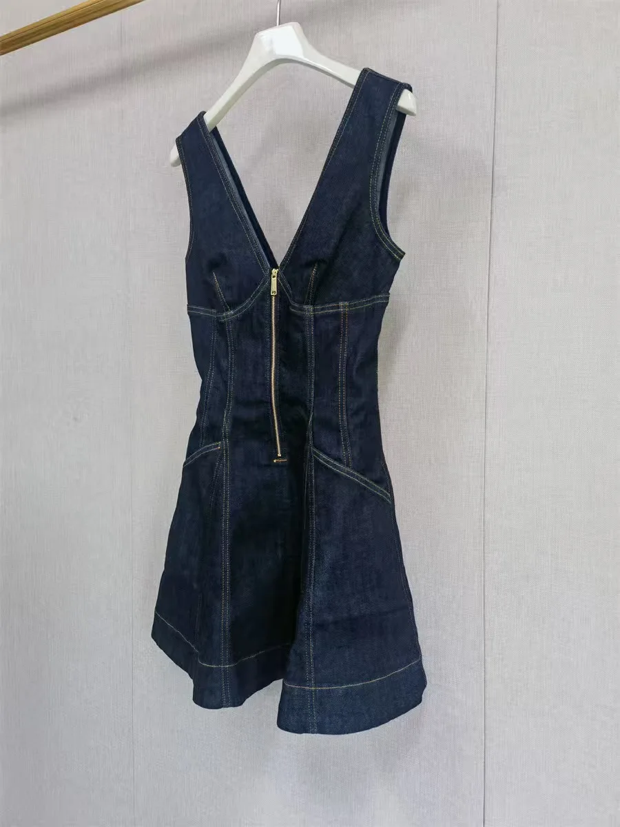 Asian Size Evening Dress Vest Short Dress V Neck Denim Waist Sleeveless Slim Dress Elegant 2025 New Style Christmas Dress