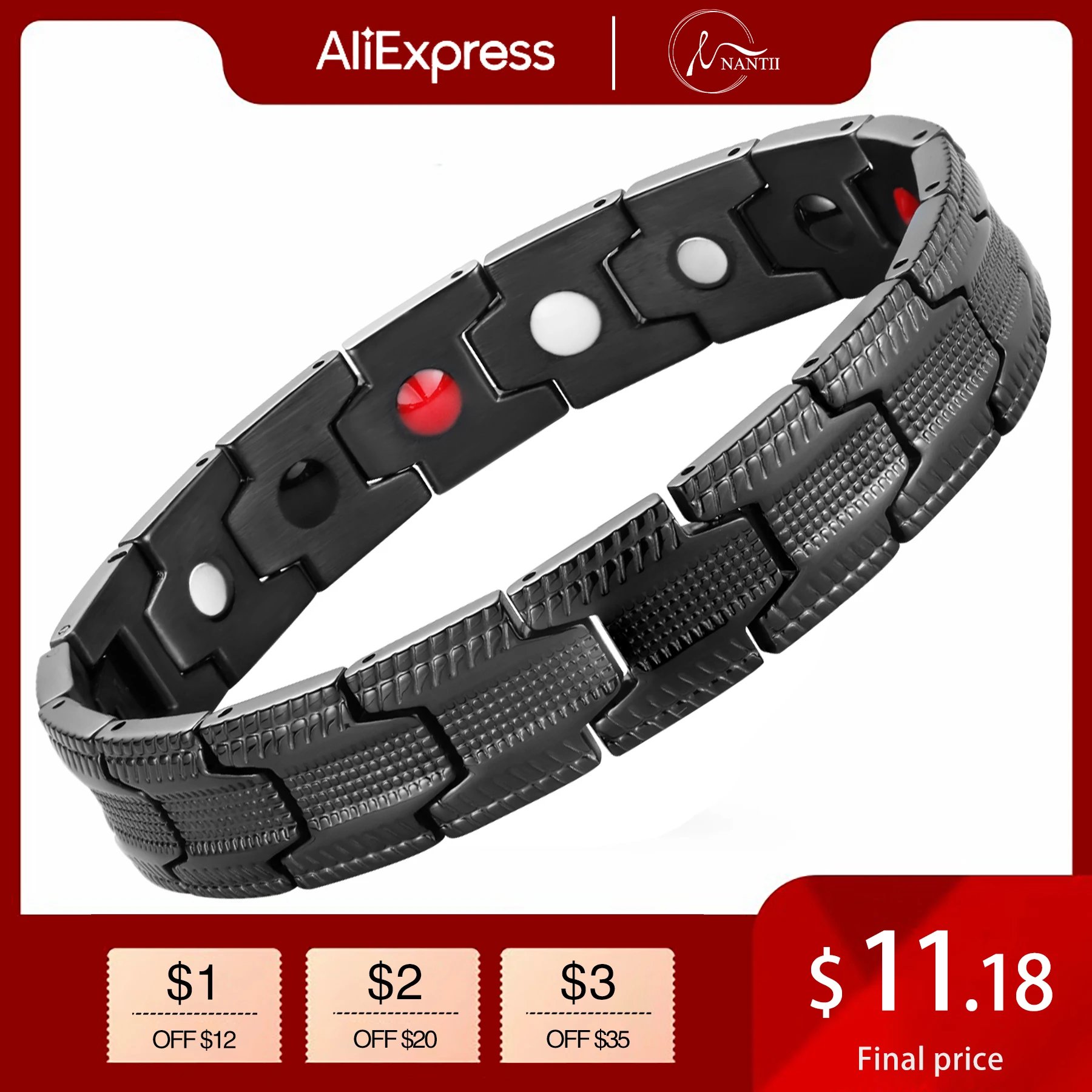 

【Carnival Price】Nantii 4 Healing Bio Elements Germanium Energy Bracelet Men's Magnetic Titanium Steel Sport Bracelets