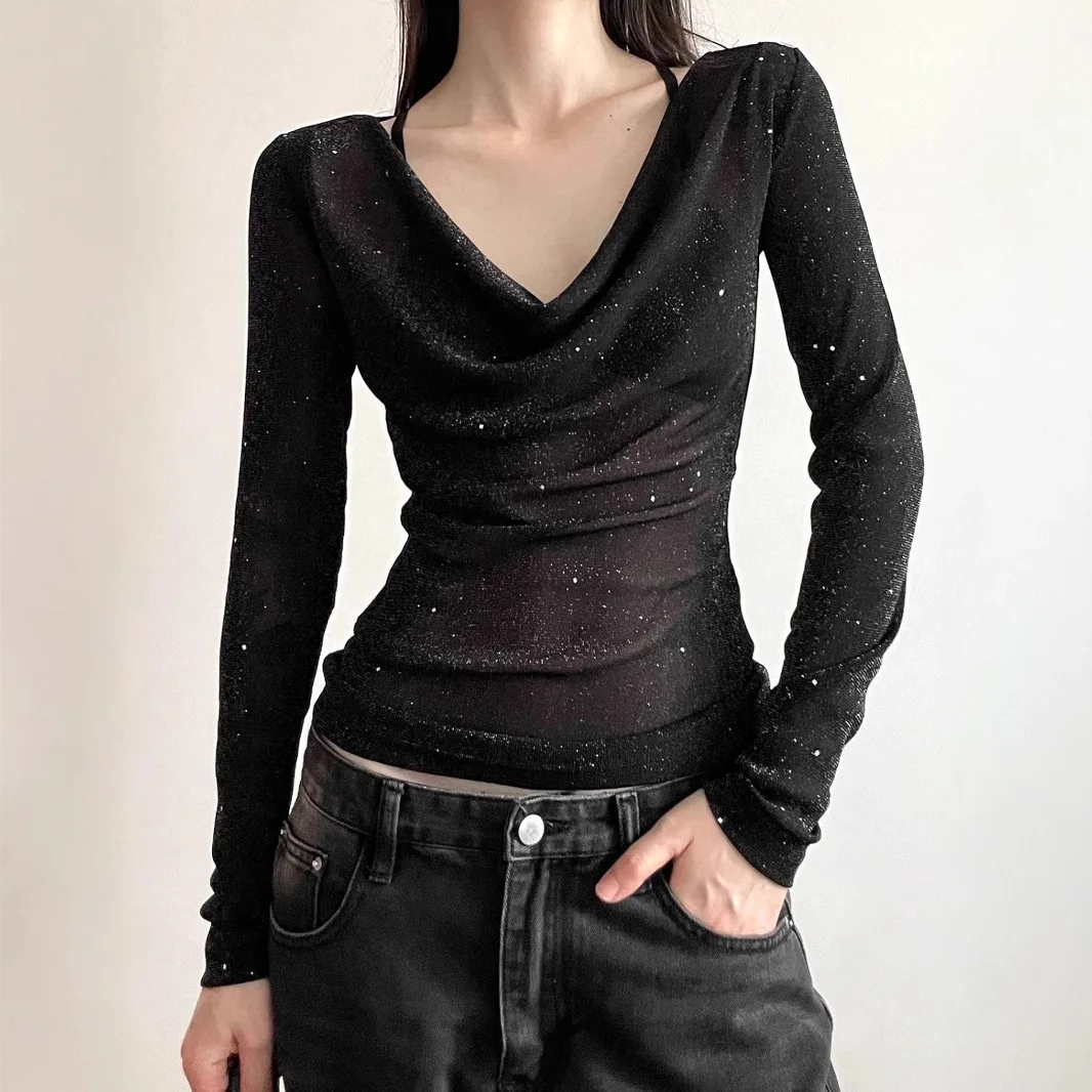 Black Sequined V Neck Loose T Shirt for Women