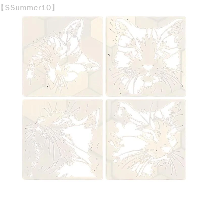 【Summer10】새끼 고양이 패턴이 있는 재사용 가능한 고양이 그림 스텐실 4개 - 나무 표지판, 벽, 저널용 속이 빈 DIY 몰드【SS】