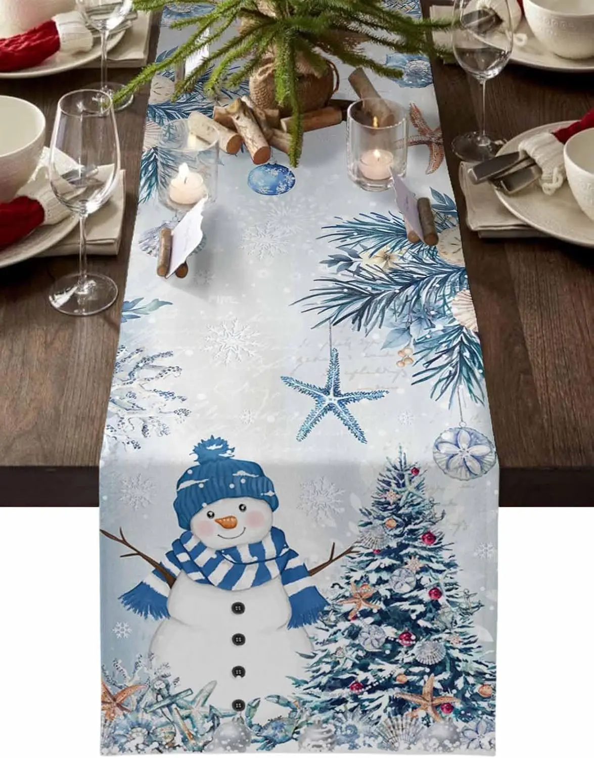 Christmas Snowman Ocean Coral Starfish Linen Table Runner Dresser Scarf Winter Xmas Dining Table Runner Christmas Decorations