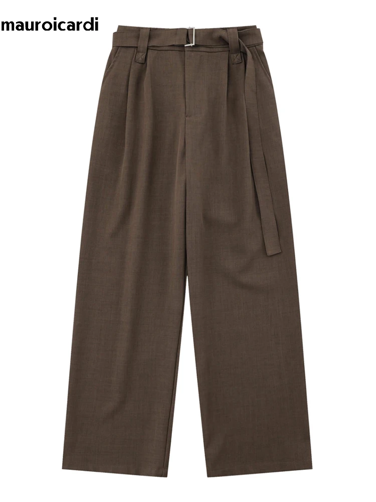 Mauroicardi Spring Autumn Long Coffee Flowy Baggy Wide Leg Pants for Mens Belt Korean Fashion Loose Casual Soft Trousers 2024 3