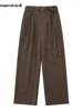 Mauroicardi Spring Autumn Long Coffee Flowy Baggy Wide Leg Pants for Mens Belt Korean Fashion Loose Casual Soft Trousers 2024 3